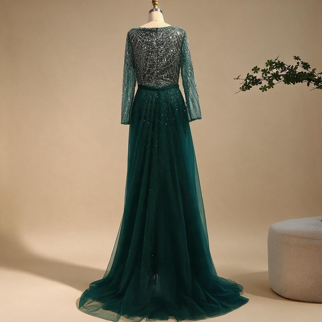 Green Square Collar Long Sleeve Mermaid Pearls Beaded Evening Party Gown Overskirt Dress DLA72032N Customized | Nightbubo
