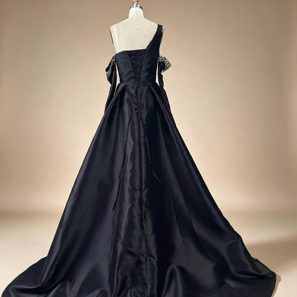 Elegant Black One-Shoulder A Line Beaded Evening Dresses Gowns with Sleeveless For Party DLA72741 Customized | Nightbubo