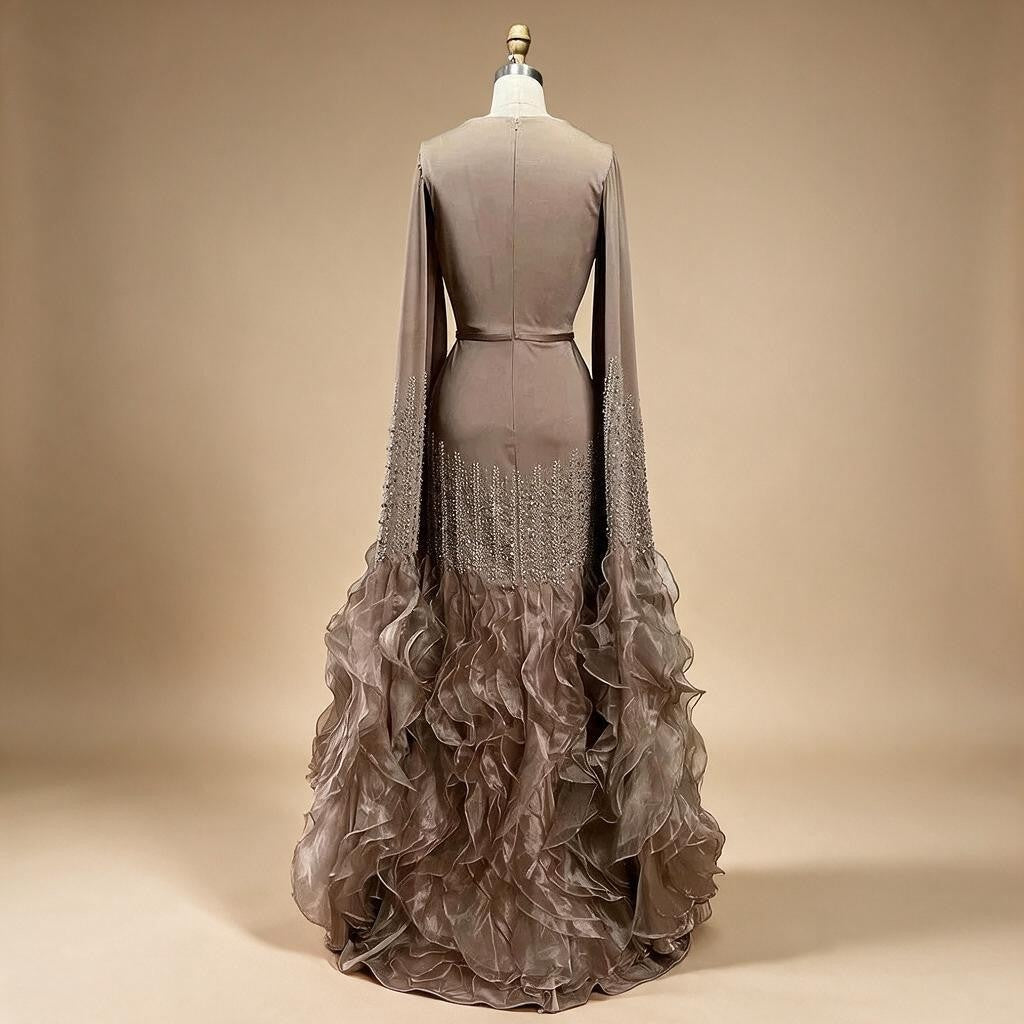 Champagne Mermaid Luxury Cape Sleeves Beaded Satin Saudi Evening Dresses Gowns for Party DLA72317A Customized | Nightbubo