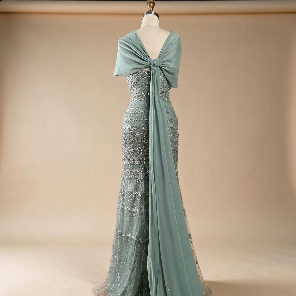 2026 Customized Nude Mermaid Sleeveless Evening Dress with Long Cape Dubai Wedding Party Gowns for Women DLA72126B | Nightbubo