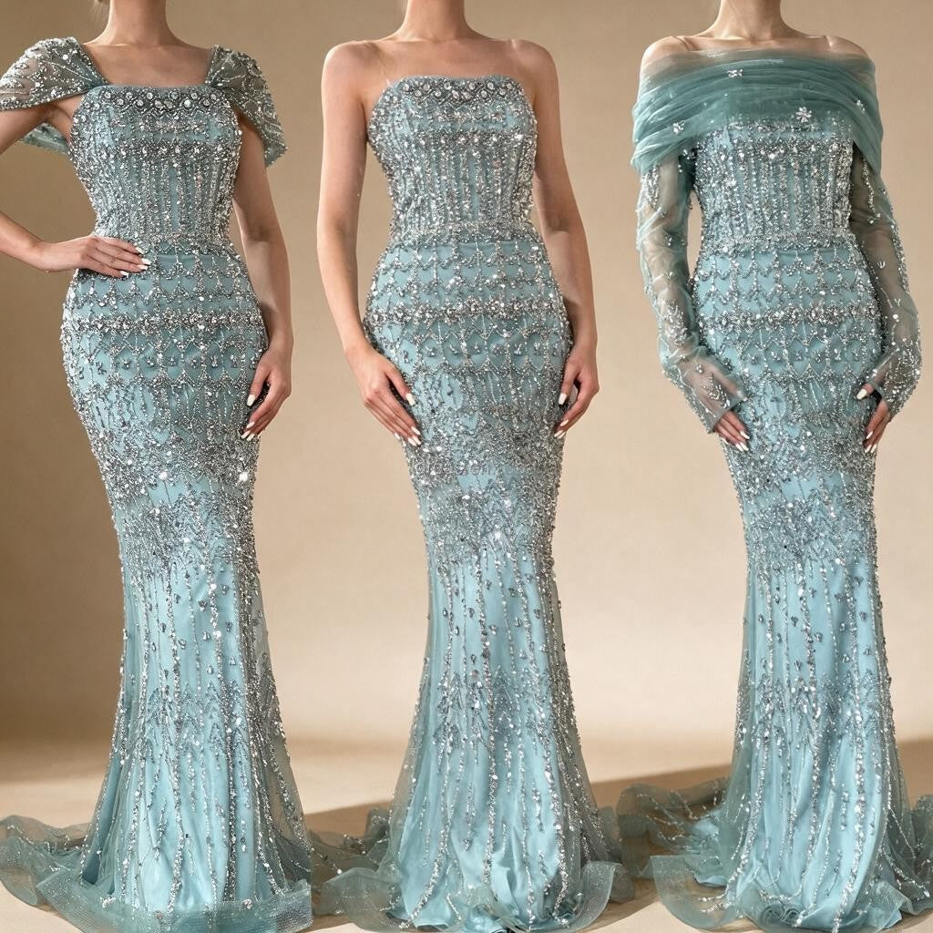Blue Mermaid Beaded Evening Dresses with Detachable Sleeves Elegant Party Gowns for Women DLA72714 Customized | Nightbubo