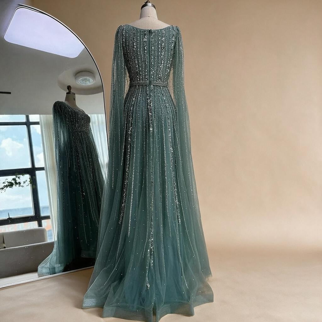 Turquoise Square Collar Beaded Evening Dress with Cape Sleeves Dubai Pary Gowns for Women DLA73188 Customized | Nightbubo