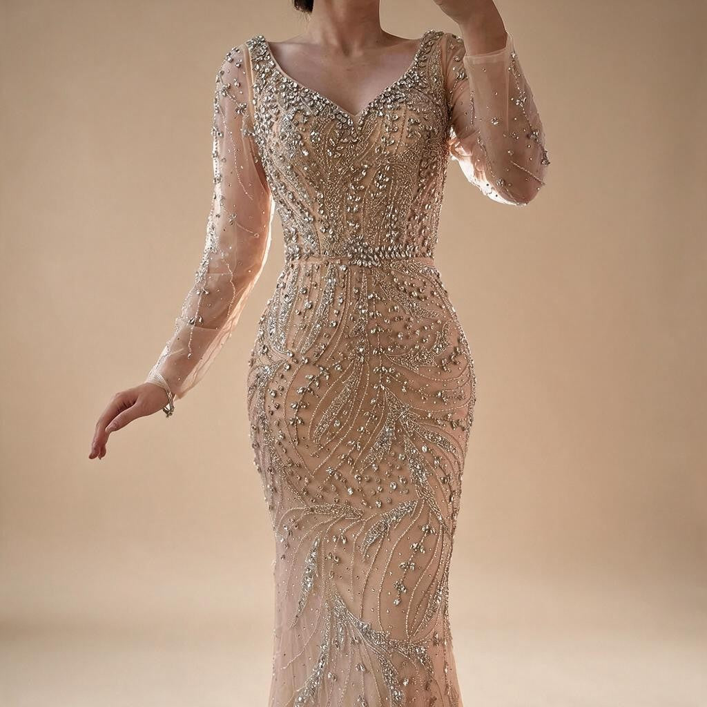 Pink V-neck Long Sleeves Mermaid Luxury Beaded Evening Dress 2026 Wedding Party Gowns DLA73191 Customized | Nightbubo