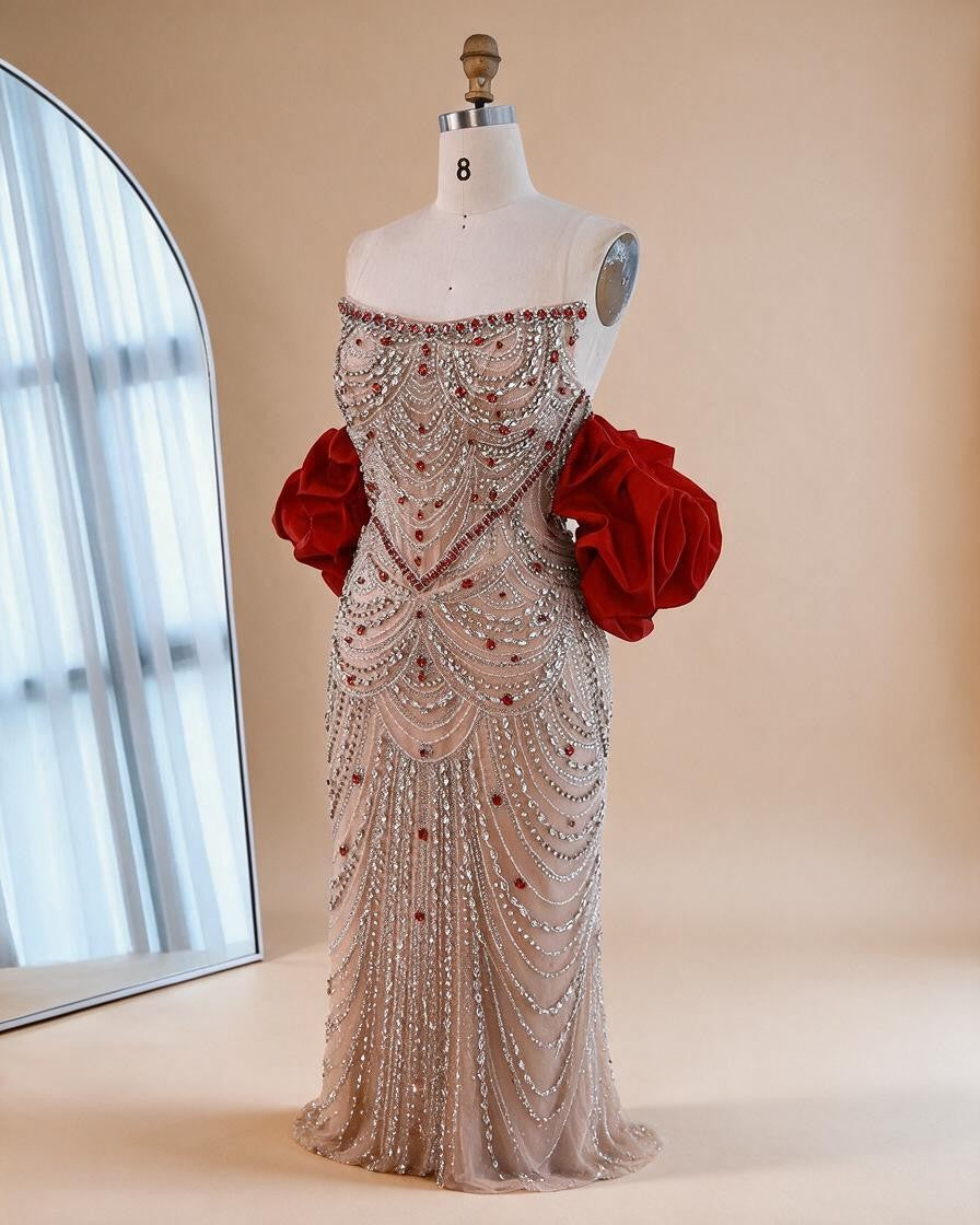 Luxury Beaded Evening Dresses with Elegant Puff Sleeves Pearl Beaded Adorned Design DLA72903 Customized | Nightbubo