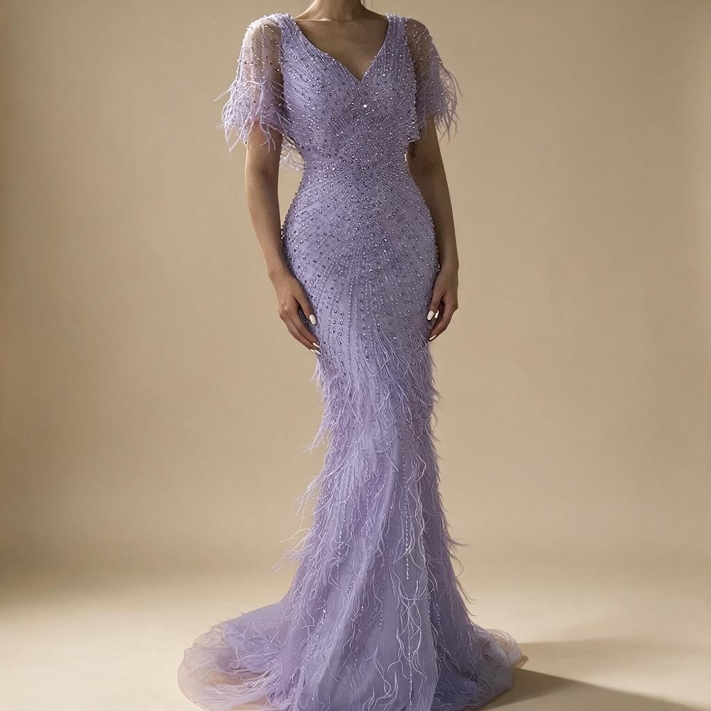 Brown Mermaid Beaded Feathers Evening Dresses Elegant Party Gowns for Women DLA71323 Customized | Nightbubo