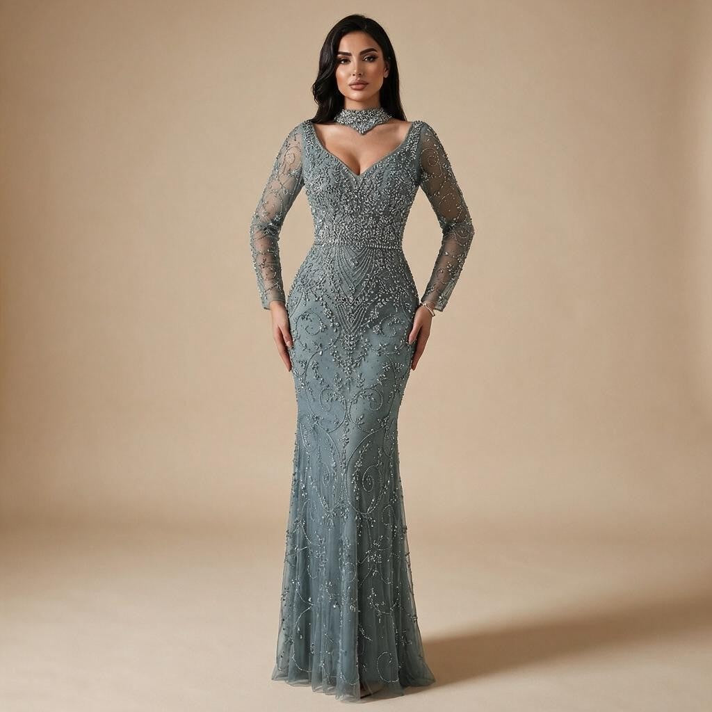 Customized Turquoise Evening Dresses with Neck Lace 2026 Long Sleeves Mermaid Beaded Elegant Party Gowns DLA73042B | Nightbubo