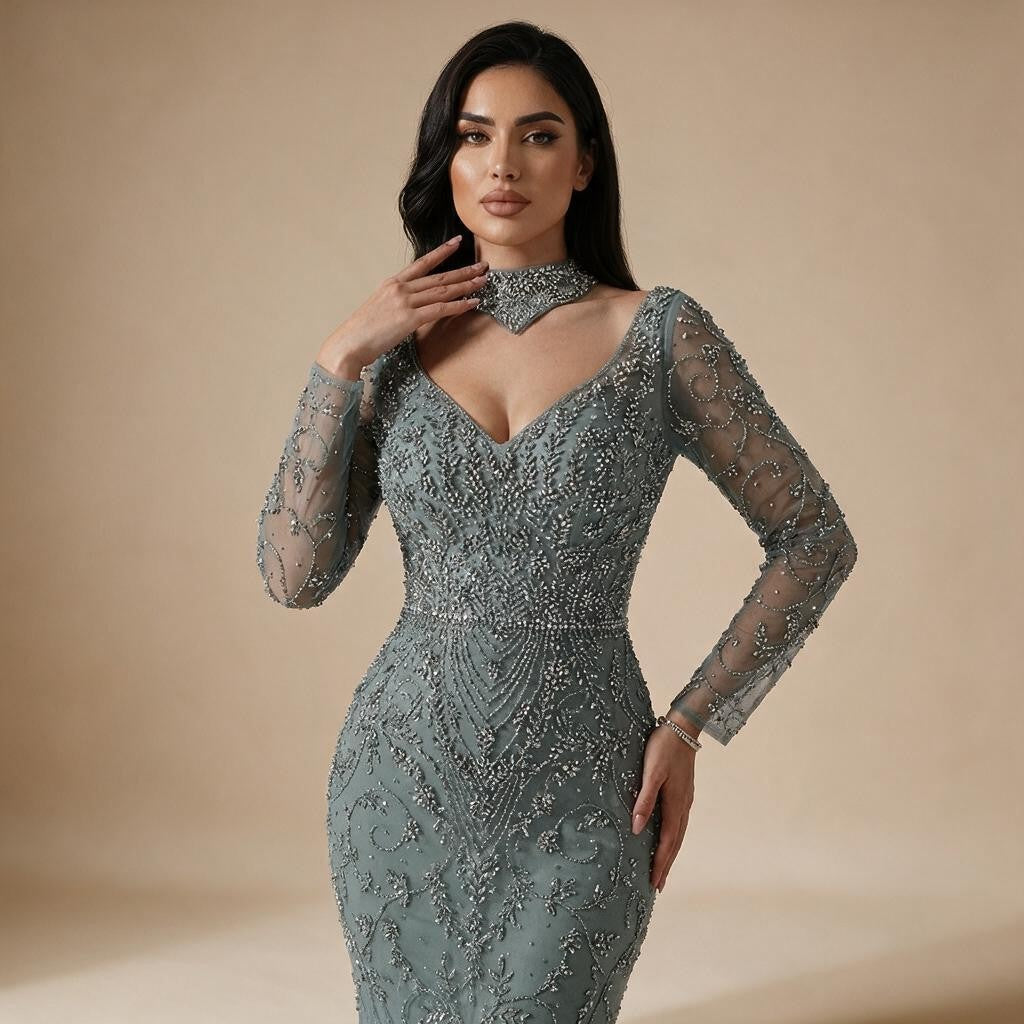 Customized Turquoise Evening Dresses with Neck Lace 2026 Long Sleeves Mermaid Beaded Elegant Party Gowns DLA73042B | Nightbubo