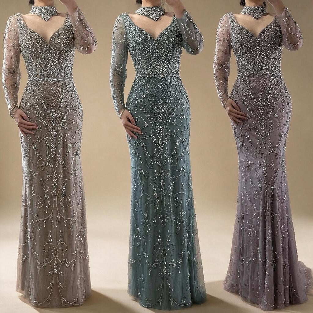 Customized Turquoise Evening Dresses with Neck Lace 2026 Long Sleeves Mermaid Beaded Elegant Party Gowns DLA73042B | Nightbubo