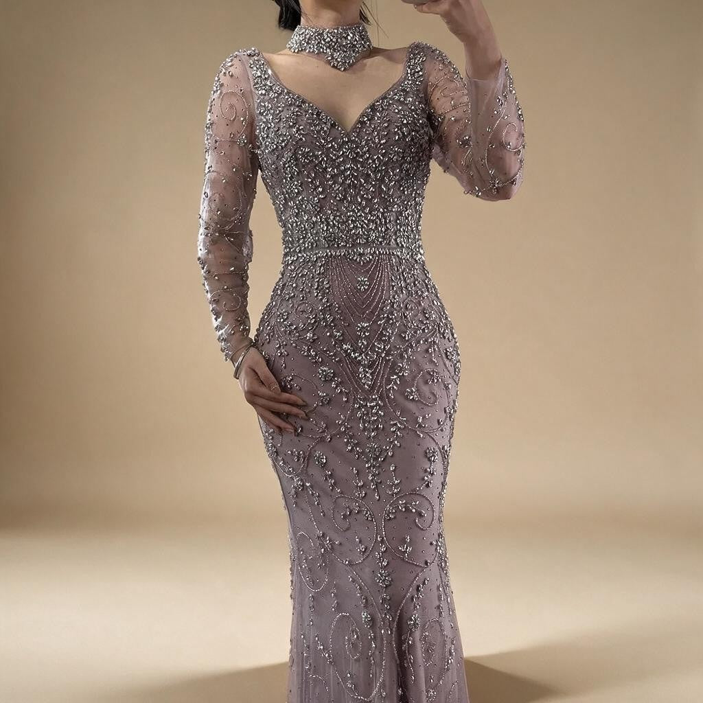 Customized Turquoise Evening Dresses with Neck Lace 2026 Long Sleeves Mermaid Beaded Elegant Party Gowns DLA73042B | Nightbubo