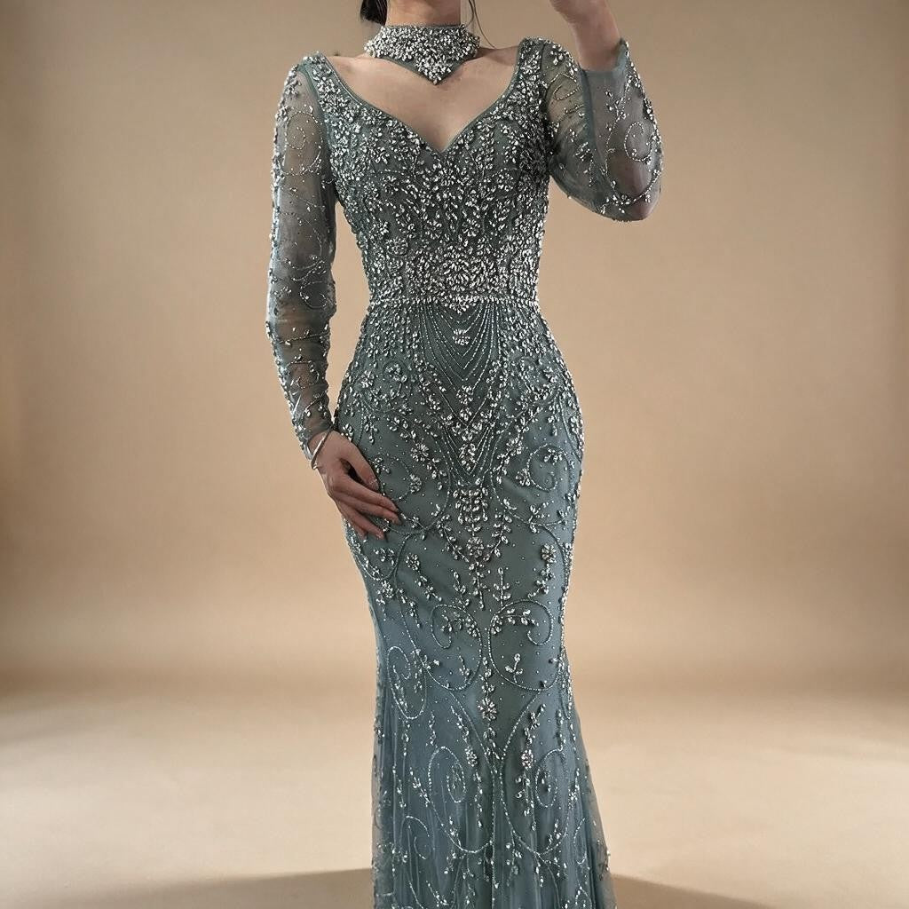 Customized Turquoise Evening Dresses with Neck Lace 2026 Long Sleeves Mermaid Beaded Elegant Party Gowns DLA73042B | Nightbubo