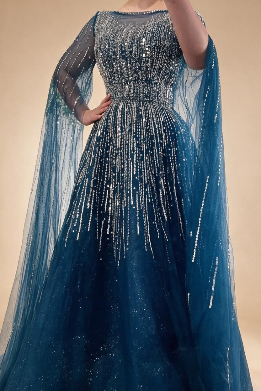 Blue Cape Sleeves A-Line Beaded Evening Dresses Customized Party Gowns for Women DLA72248A | Nightbubo