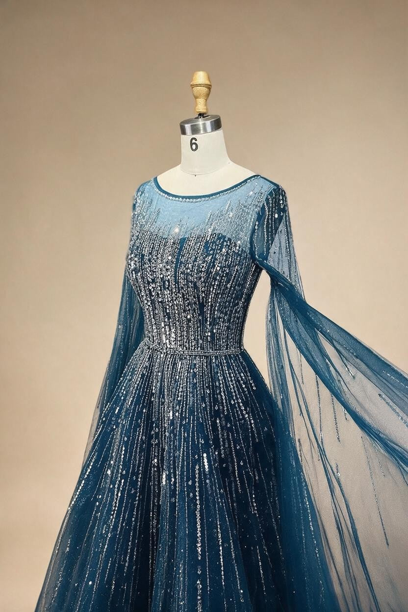 Blue Cape Sleeves A-Line Beaded Evening Dresses Customized Party Gowns for Women DLA72248A | Nightbubo