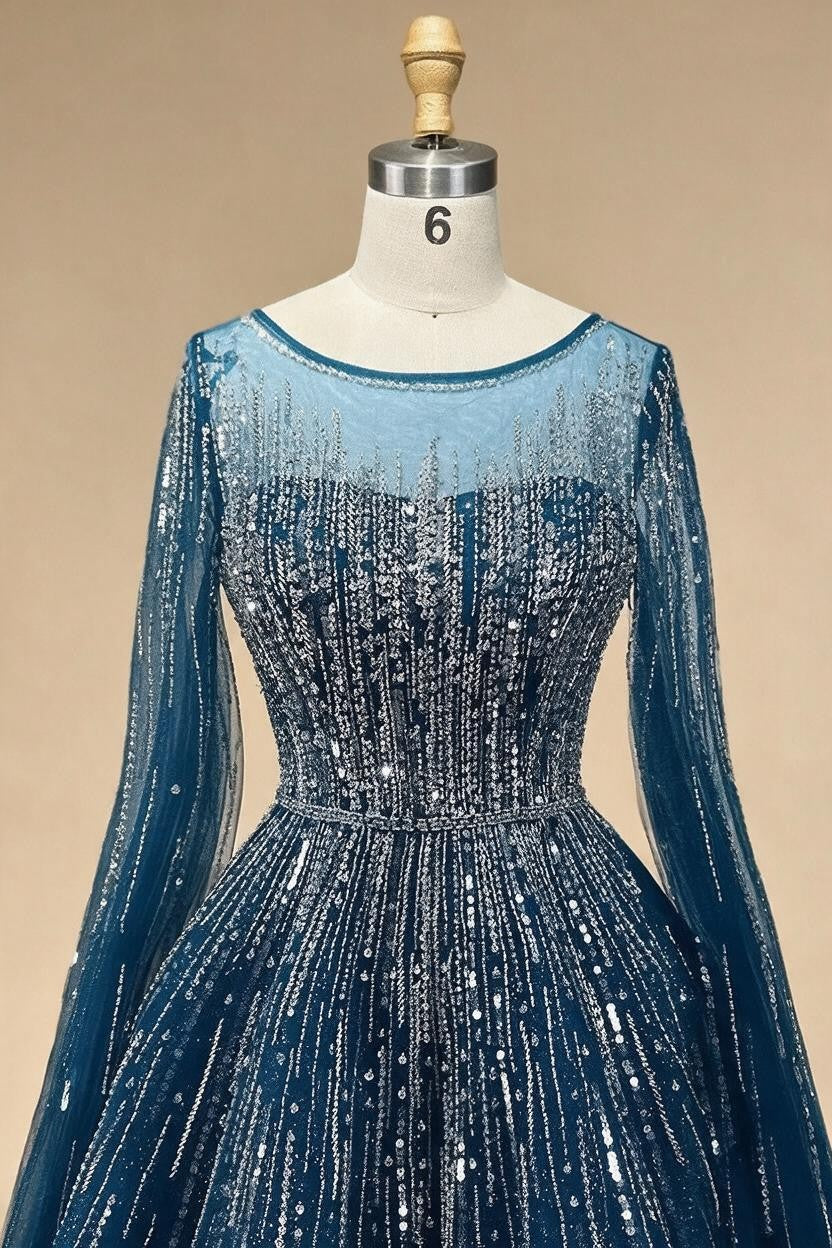 Blue Cape Sleeves A-Line Beaded Evening Dresses Customized Party Gowns for Women DLA72248A | Nightbubo