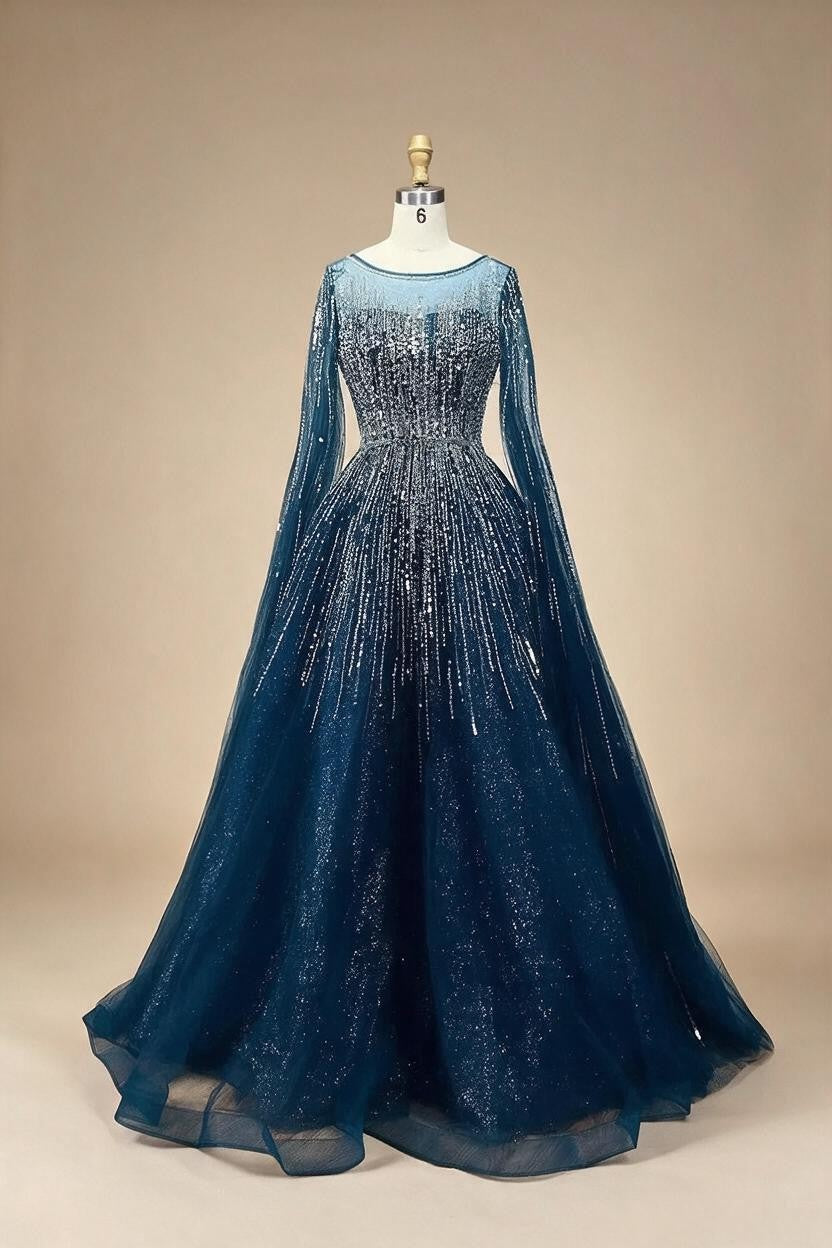 Blue Cape Sleeves A-Line Beaded Evening Dresses Customized Party Gowns for Women DLA72248A | Nightbubo