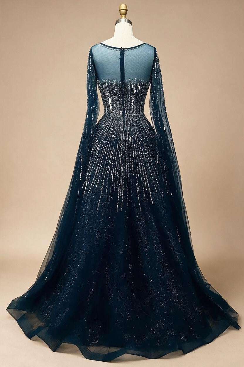 Blue Cape Sleeves A-Line Beaded Evening Dresses Customized Party Gowns for Women DLA72248A | Nightbubo