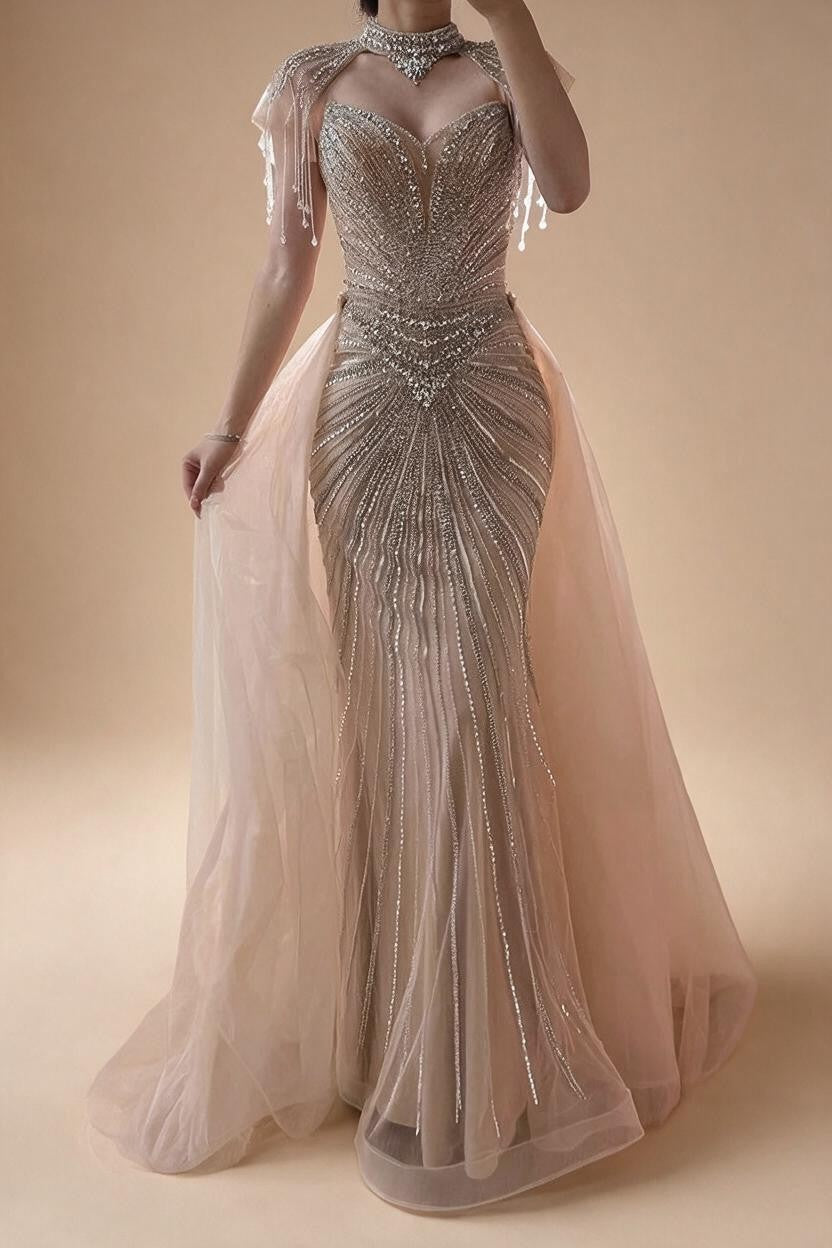 Nude Mermaid Tassel Beaded Evening Dress with Detachable Overskirt Formal Party Gown for Women DLA73182 Customized | Nightbubo