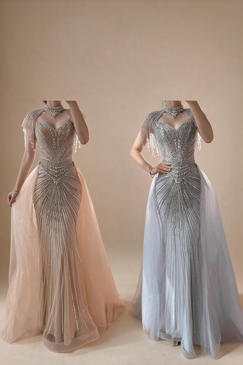 Nude Mermaid Tassel Beaded Evening Dress with Detachable Overskirt Formal Party Gown for Women DLA73182 Customized | Nightbubo