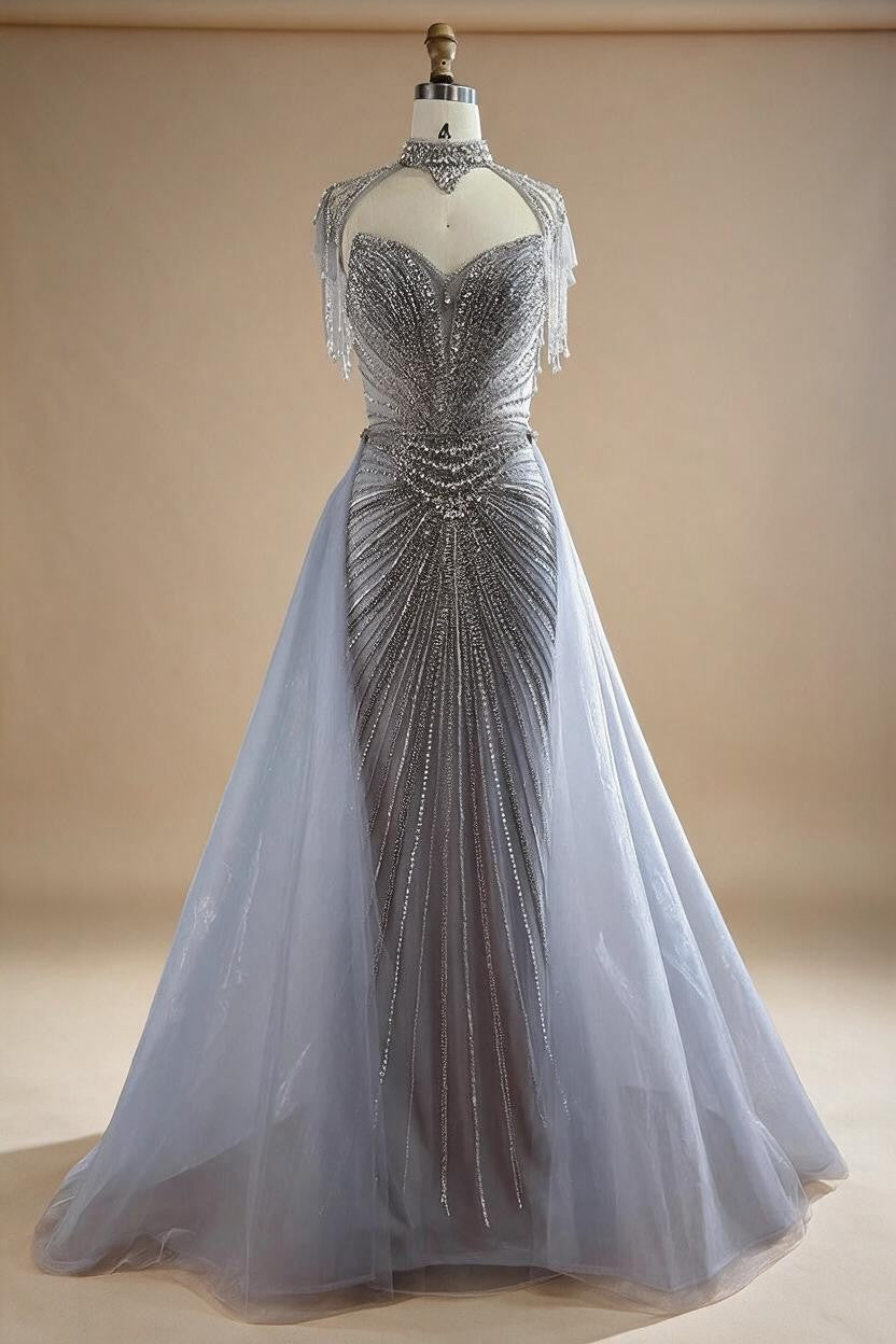 Nude Mermaid Tassel Beaded Evening Dress with Detachable Overskirt Formal Party Gown for Women DLA73182 Customized | Nightbubo