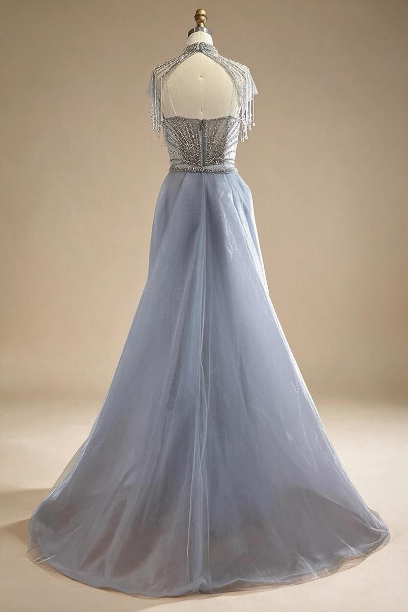 Nude Mermaid Tassel Beaded Evening Dress with Detachable Overskirt Formal Party Gown for Women DLA73182 Customized | Nightbubo