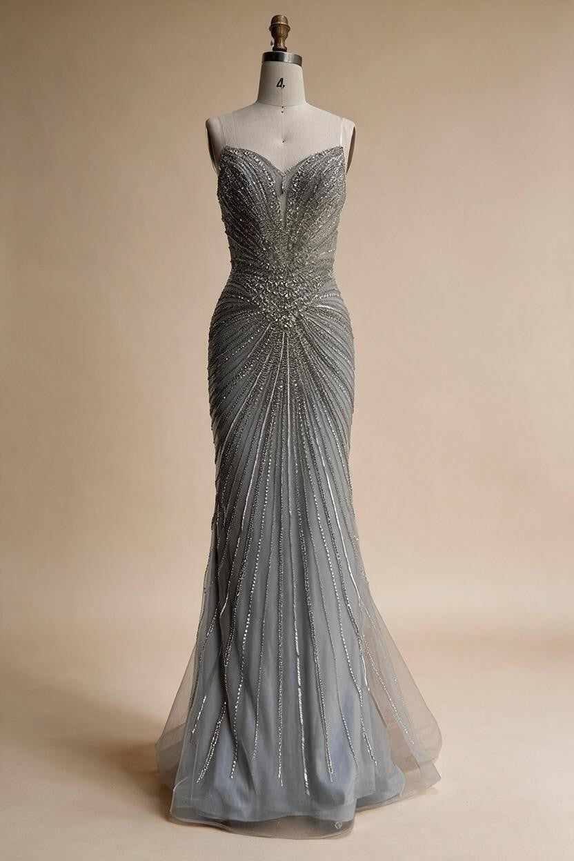 Nude Mermaid Tassel Beaded Evening Dress with Detachable Overskirt Formal Party Gown for Women DLA73182 Customized | Nightbubo