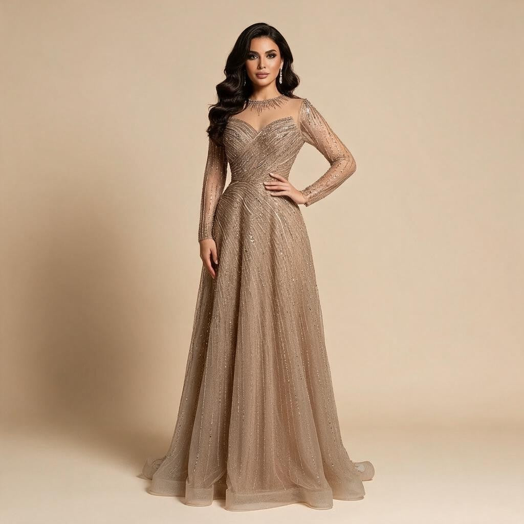 Custoomized Caramel Evening Prom Dress 2026 Elegant Long Sleeves A-Line Arabic Muslim Formal Party Gown DLA72563A | Nightbubo