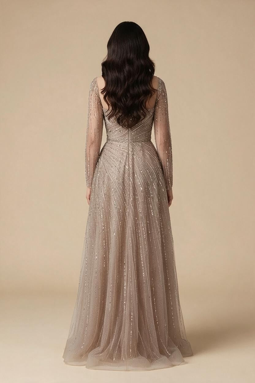 Custoomized Caramel Evening Prom Dress 2026 Elegant Long Sleeves A-Line Arabic Muslim Formal Party Gown DLA72563A | Nightbubo
