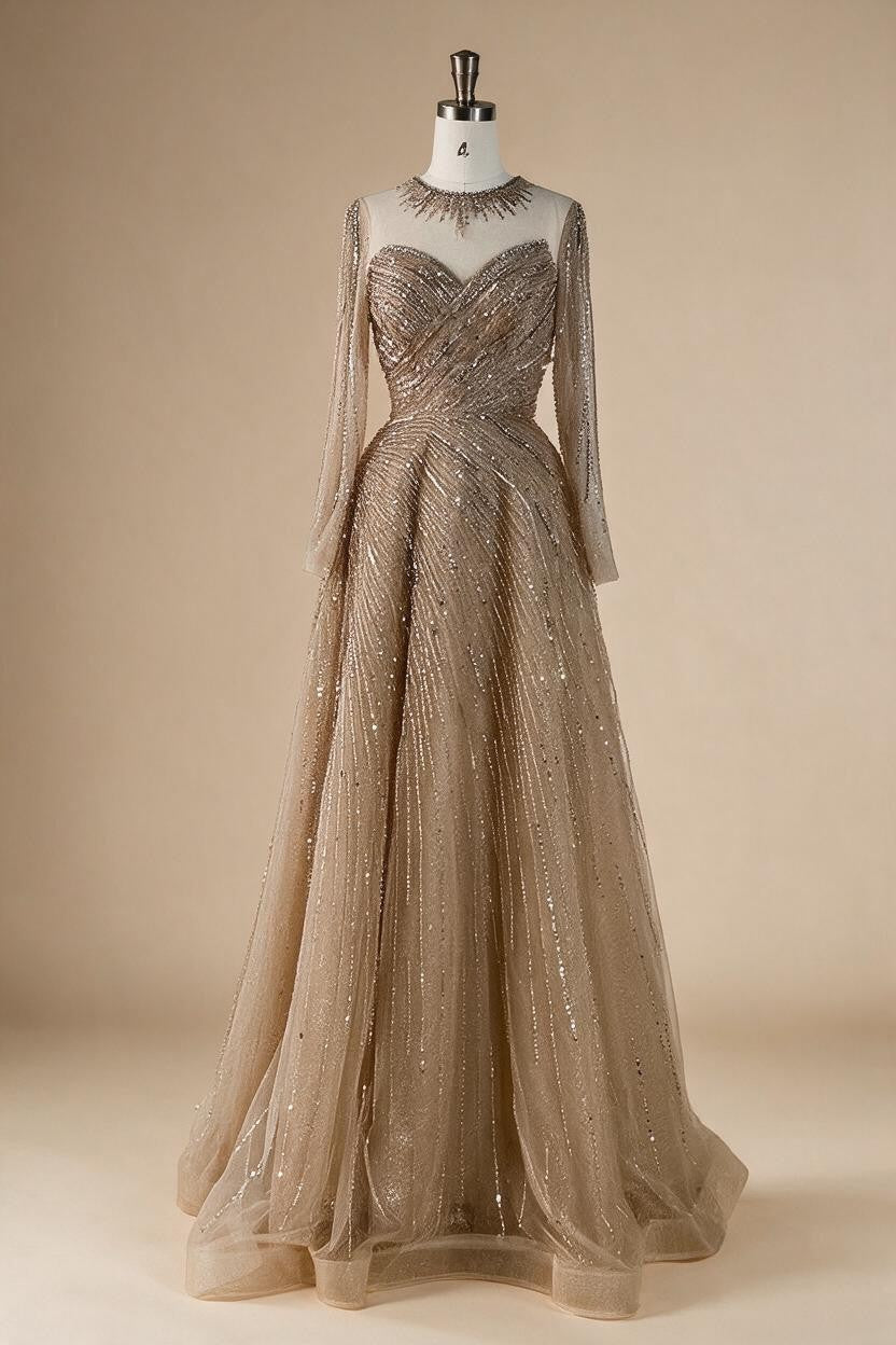 Custoomized Caramel Evening Prom Dress 2026 Elegant Long Sleeves A-Line Arabic Muslim Formal Party Gown DLA72563A | Nightbubo