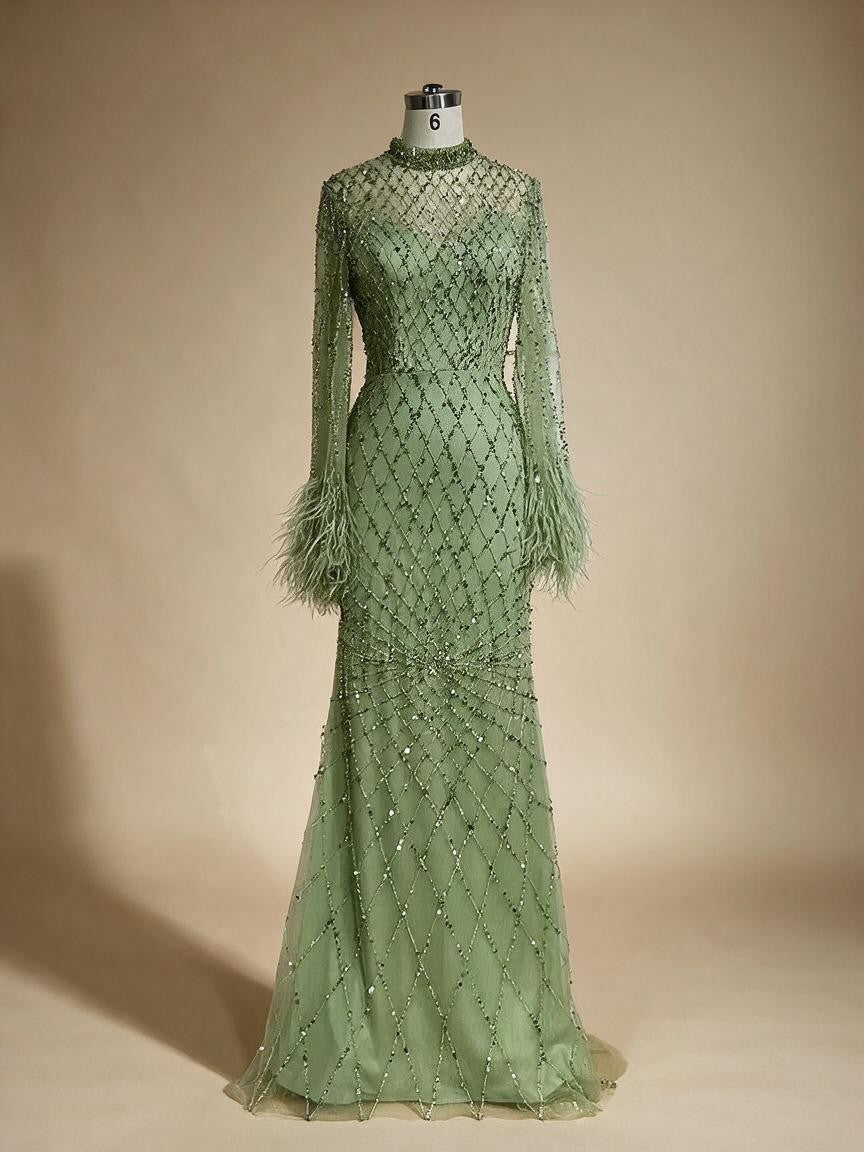 Customized 2025 Dubai Green Grid Cut Out Lace Beaded Feathers Sleeves Elegant Dresses Gowns for Formal Occasion DLA72394A (ZD17185)