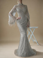 Customized 2025 Dubai Green Grid Cut Out Lace Beaded Feathers Sleeves Elegant Dresses Gowns for Formal Occasion DLA72394A