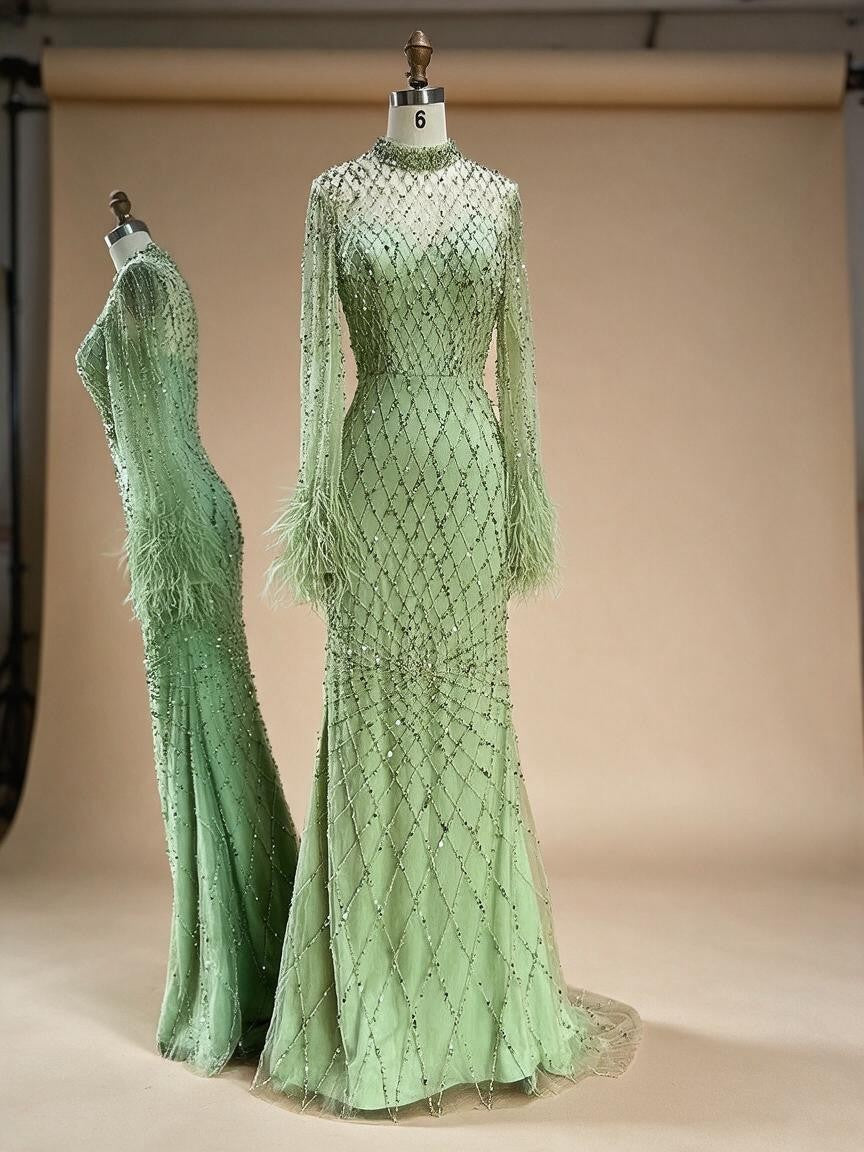 Customized 2025 Dubai Green Grid Cut Out Lace Beaded Feathers Sleeves Elegant Dresses Gowns for Formal Occasion DLA72394A (ZD17185)