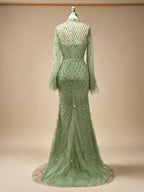 Customized 2025 Dubai Green Grid Cut Out Lace Beaded Feathers Sleeves Elegant Dresses Gowns for Formal Occasion DLA72394A