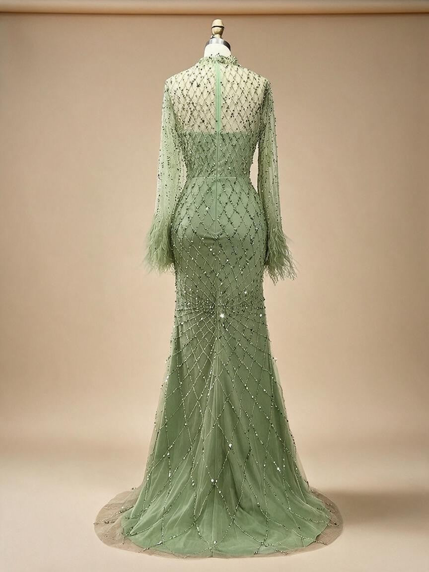 Customized 2025 Dubai Green Grid Cut Out Lace Beaded Feathers Sleeves Elegant Dresses Gowns for Formal Occasion DLA72394A (ZD17185)