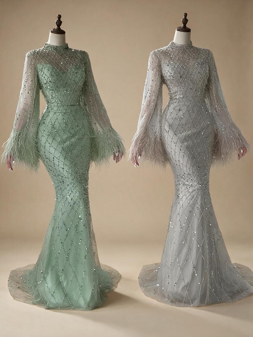 Customized 2025 Dubai Green Grid Cut Out Lace Beaded Feathers Sleeves Elegant Dresses Gowns for Formal Occasion DLA72394A