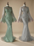 Customized 2025 Dubai Green Grid Cut Out Lace Beaded Feathers Sleeves Elegant Dresses Gowns for Formal Occasion DLA72394A