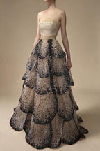 Customized Black Nude Strapless Evening Prom Dresses Sequined Tiered A-line Party Gowns for Women DLA72505A | Nightbubo