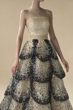 Customized Black Nude Strapless Evening Prom Dresses Sequined Tiered A-line Party Gowns for Women DLA72505A | Nightbubo