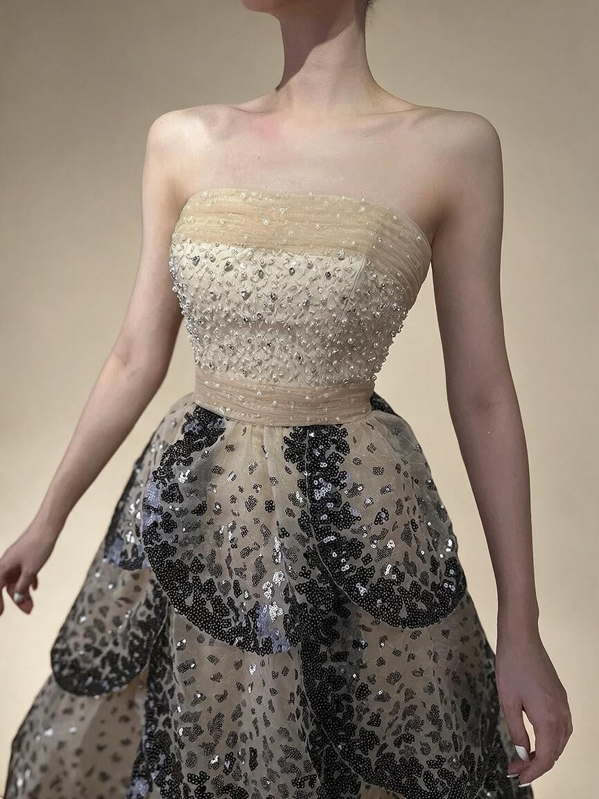 Customized Black Nude Strapless Evening Prom Dresses Sequined Tiered A-line Party Gowns for Women DLA72505A | Nightbubo