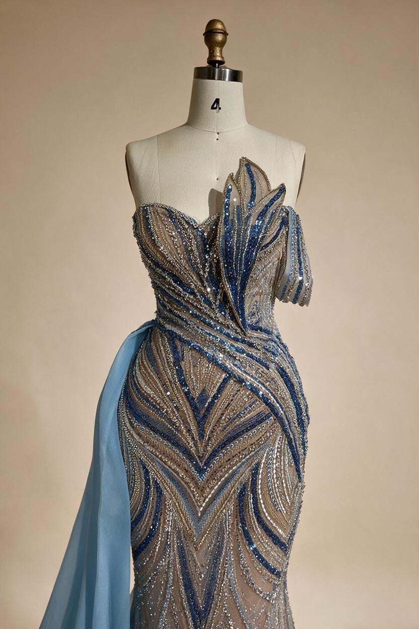 Blue Strapless Mermaid Beaded Evening Dresses with Skirt Formal Party Gwons for Women DLA72662 Customized | Nightbubo