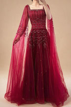 Red Square Collar A-Line Beaded Evening Dress with Cape Sleeves 2026 Party Gowns for Women DLA73089A Customized | Nightbubo