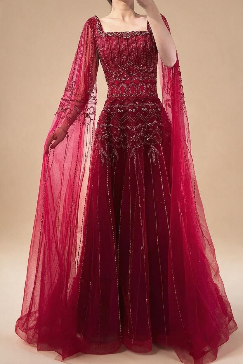 Red Square Collar A-Line Beaded Evening Dress with Cape Sleeves 2026 Party Gowns for Women DLA73089A Customized | Nightbubo