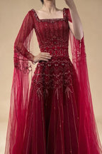 Red Square Collar A-Line Beaded Evening Dress with Cape Sleeves 2026 Party Gowns for Women DLA73089A Customized | Nightbubo