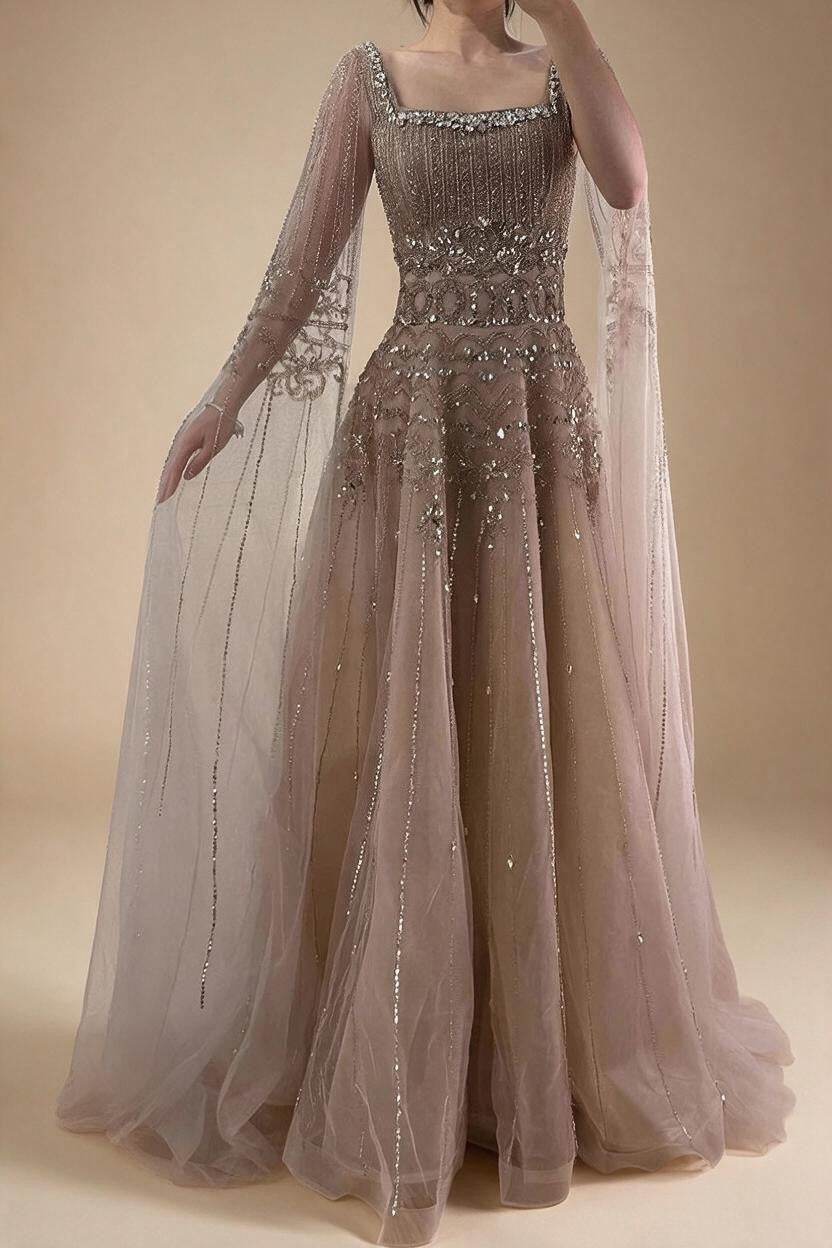 Red Square Collar A-Line Beaded Evening Dress with Cape Sleeves 2026 Party Gowns for Women DLA73089A Customized | Nightbubo