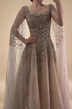 Red Square Collar A-Line Beaded Evening Dress with Cape Sleeves 2026 Party Gowns for Women DLA73089A Customized | Nightbubo