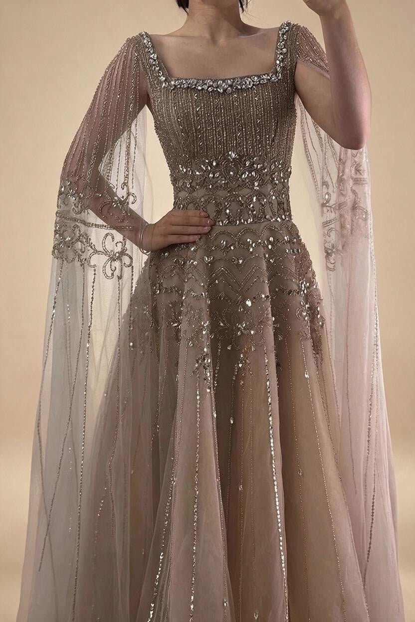 Red Square Collar A-Line Beaded Evening Dress with Cape Sleeves 2026 Party Gowns for Women DLA73089A Customized | Nightbubo