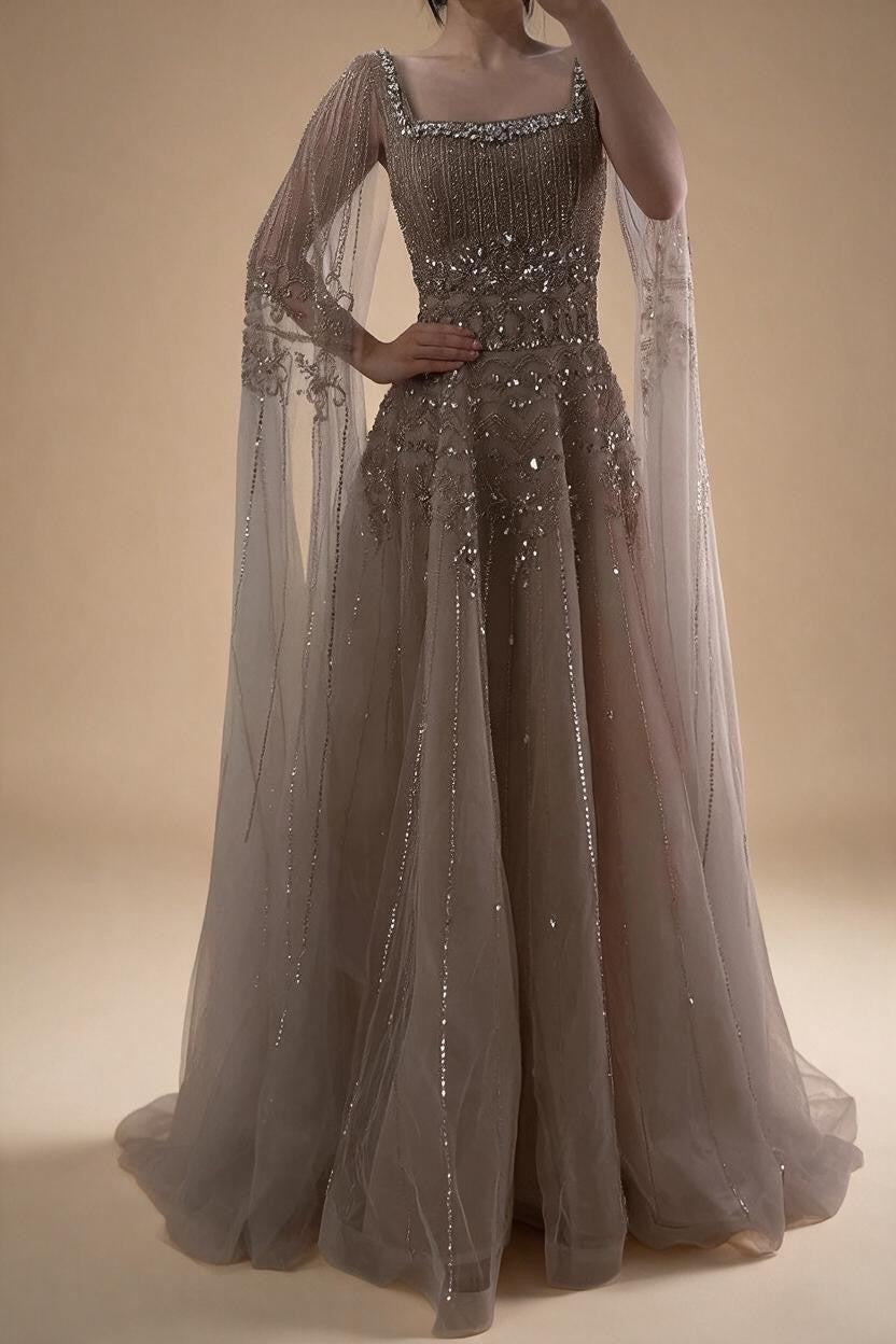 Red Square Collar A-Line Beaded Evening Dress with Cape Sleeves 2026 Party Gowns for Women DLA73089A Customized | Nightbubo