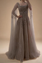 Red Square Collar A-Line Beaded Evening Dress with Cape Sleeves 2026 Party Gowns for Women DLA73089A Customized | Nightbubo