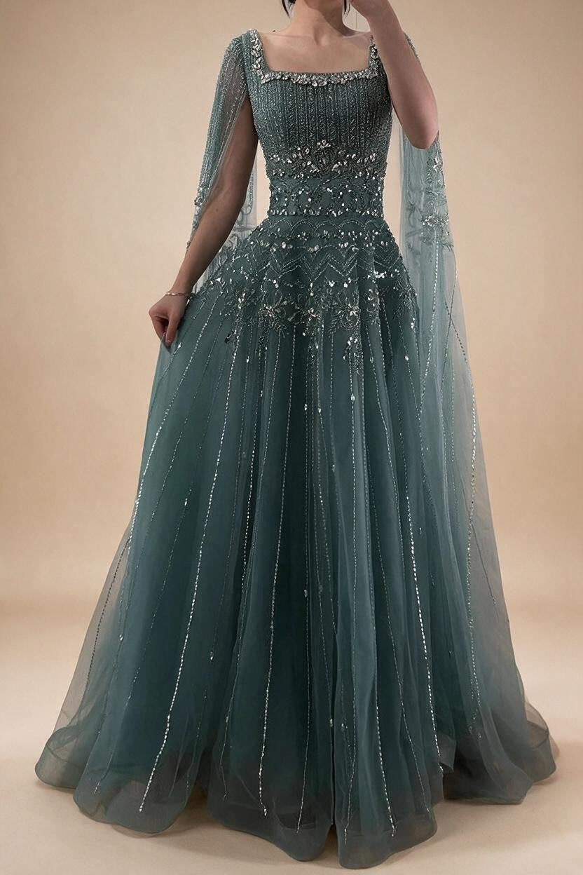 Red Square Collar A-Line Beaded Evening Dress with Cape Sleeves 2026 Party Gowns for Women DLA73089A Customized | Nightbubo