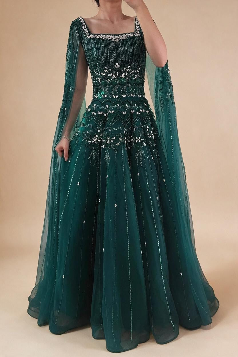 Red Square Collar A-Line Beaded Evening Dress with Cape Sleeves 2026 Party Gowns for Women DLA73089A Customized | Nightbubo