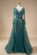 Customized Turquoise Long Sleeves Mermaid Beaded Evening Dresses Overskirt Party Gowns For Women DLA72239A | Nightbubo