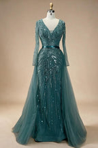 Customized Turquoise Long Sleeves Mermaid Beaded Evening Dresses Overskirt Party Gowns For Women DLA72239A | Nightbubo